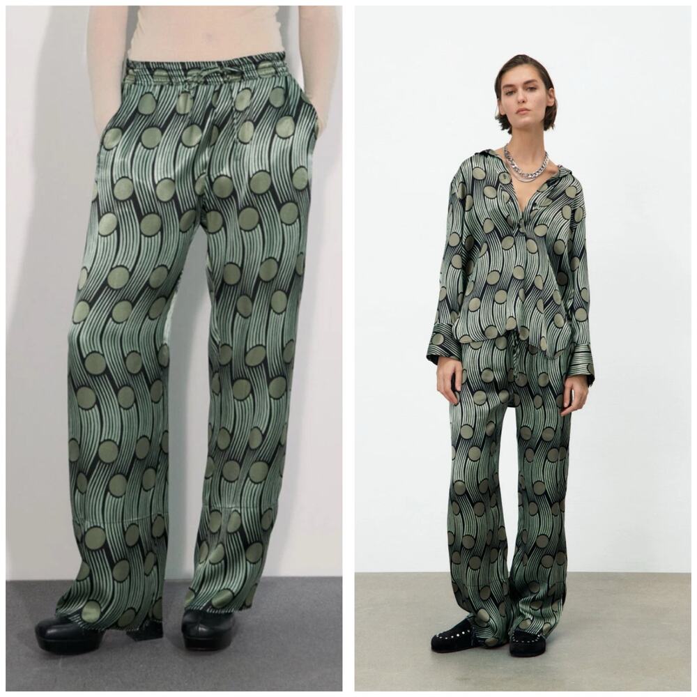 Zara Green Geometric Flowy Satin Cropped Pants Size Large Abstract Funky Boho
